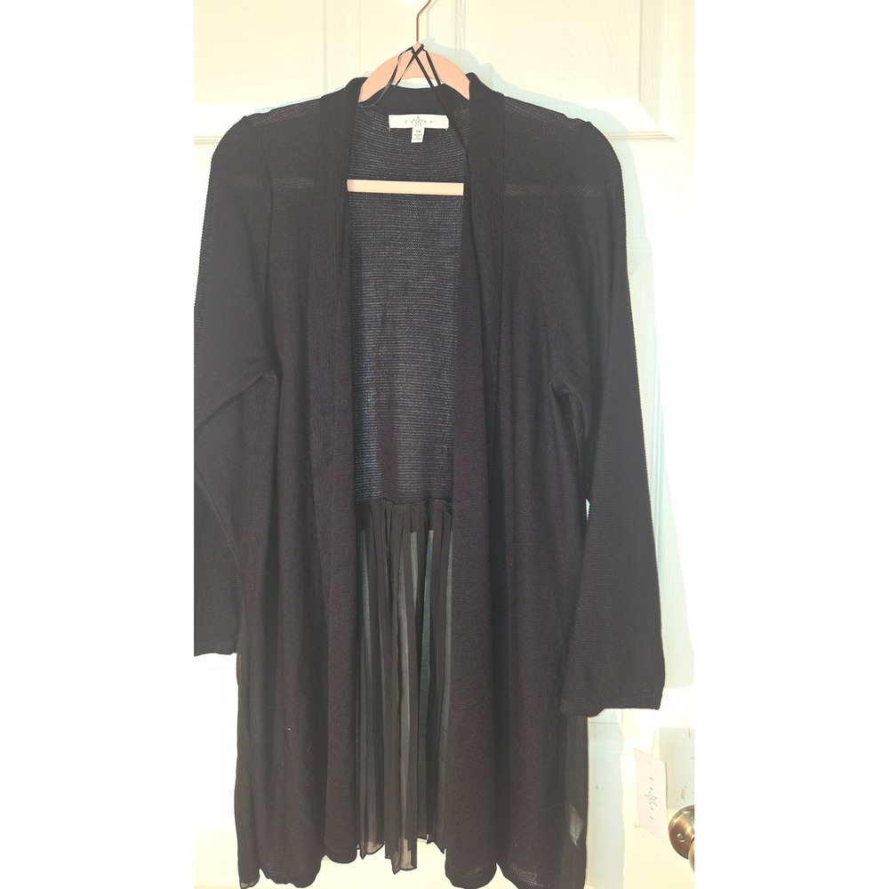 Fever Black Open Front Cardigan Pleated Chiffon Hem Mixed Media Knit 1X NEW